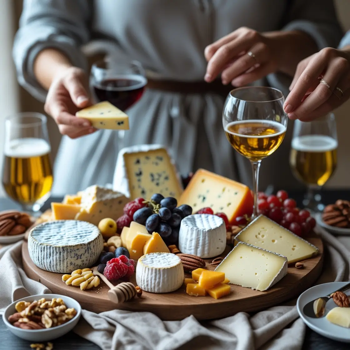 A spectacular gourmet cheese board with wine and accompaniments, ready to impress